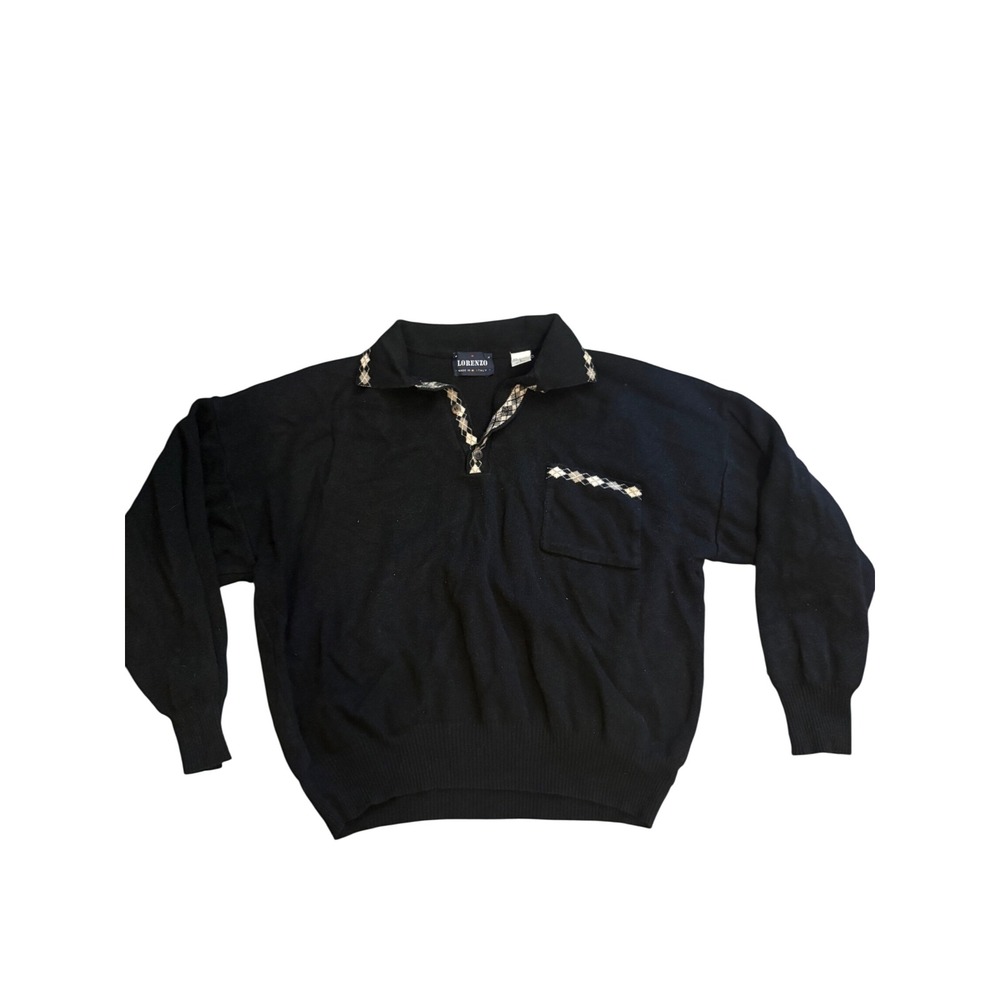 Vintage Lorenzo Italy Mens Large Black Wool Blend Argyle Polo Sweater 90s Preppy